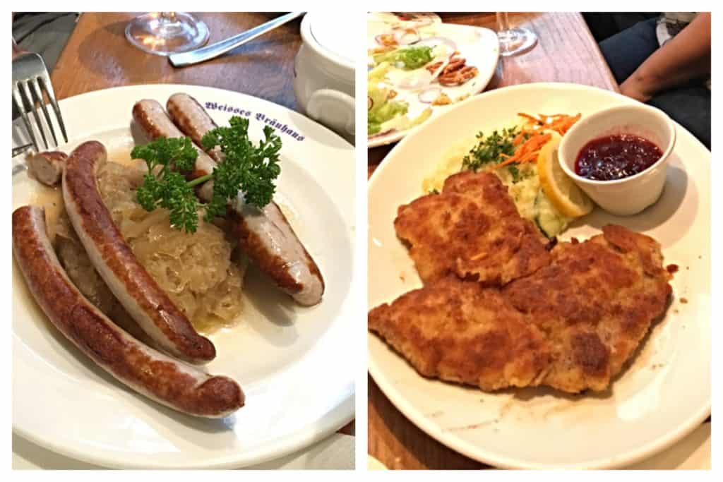 Two of Cupcake's favorite dishes from Germany: grilled sausages and wiener schnitzel